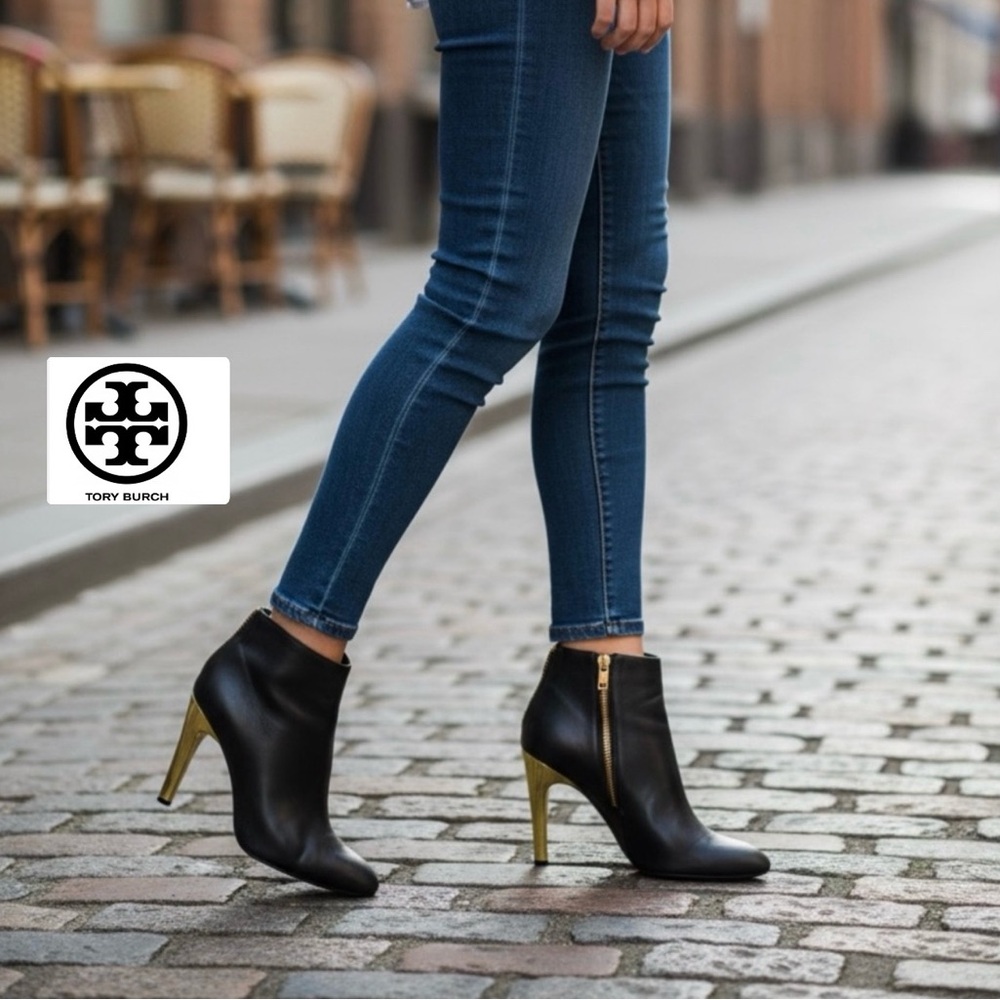 Tory Burch Black and Gold High Heel Ankle Boots